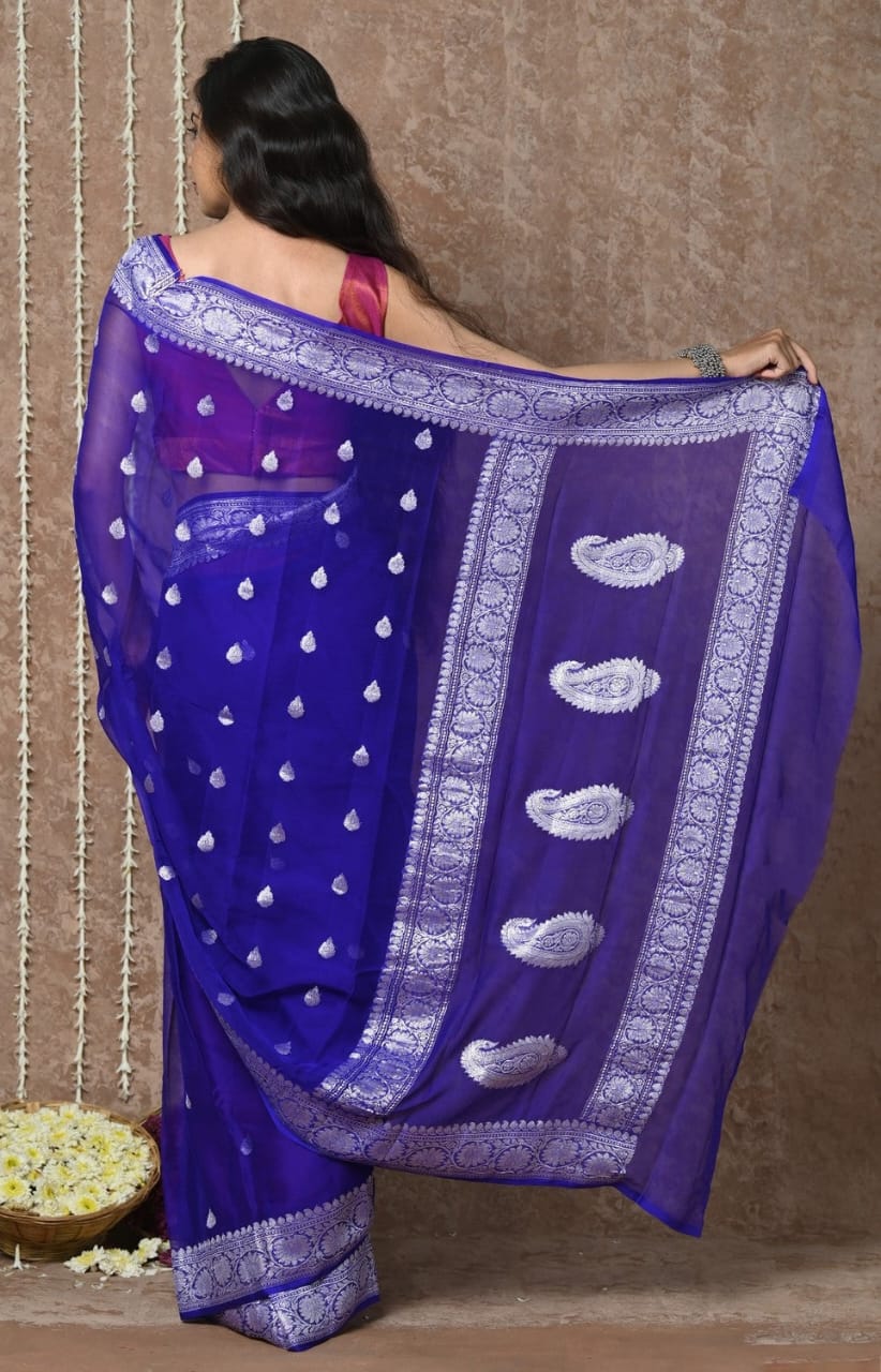 Sanskriti Handloom Pure Banarasi Khaddi Chiffon Silk Saree (Silk Certified)