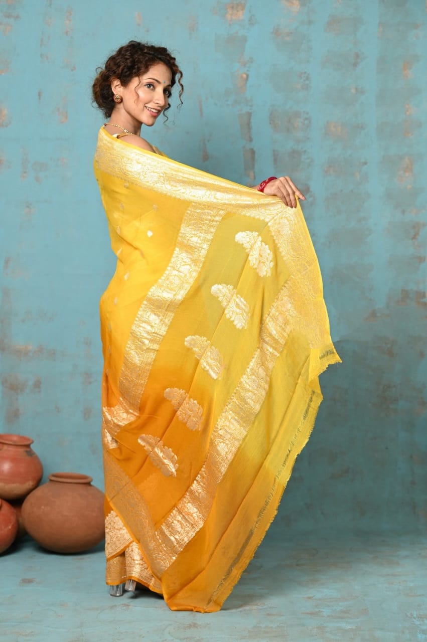 Sanskriti Handloom Pure Banarasi Khaddi Pink Chiffon Silk Saree (Silk Certified)-Yellow