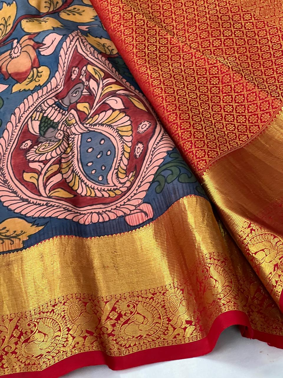 Sanskriti Pen kalamkari handpainted pure kanchipuram silk Saree