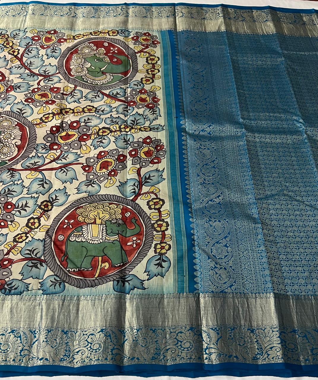 Sanskriti Pen kalamkari handloom pure kanchipuram silk Saree