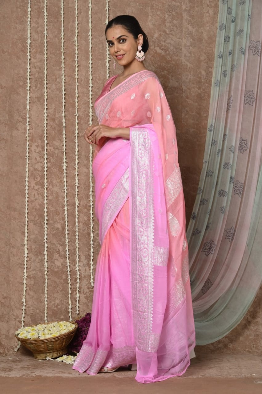 Sanskriti Handloom Pure Banarasi Khaddi Pink Chiffon Silk Saree (Silk Certified)