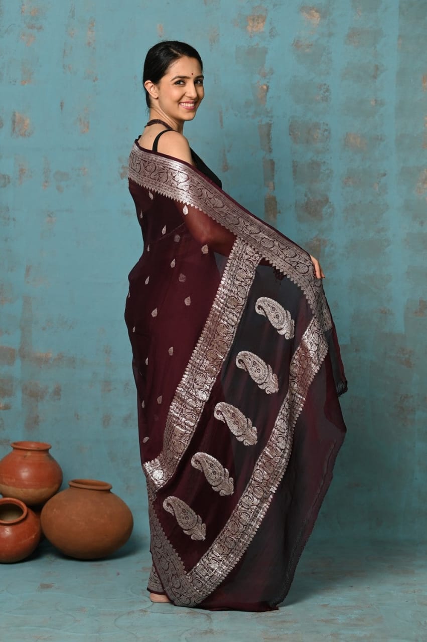 Sanskriti Handloom Pure Banarasi Khaddi Pink Chiffon Silk Saree (Silk Certified)-Chocolate