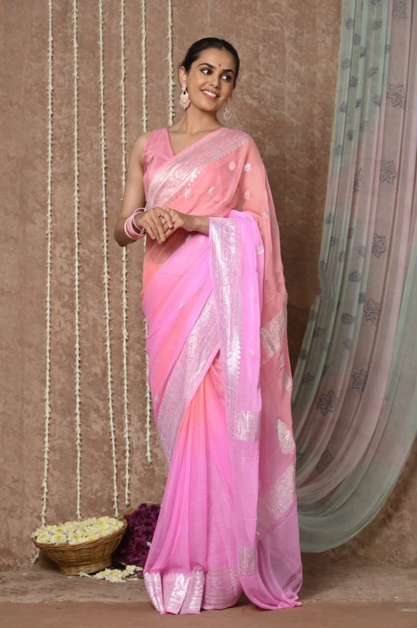 Sanskriti Handloom Pure Banarasi Khaddi Pink Chiffon Silk Saree (Silk Certified)