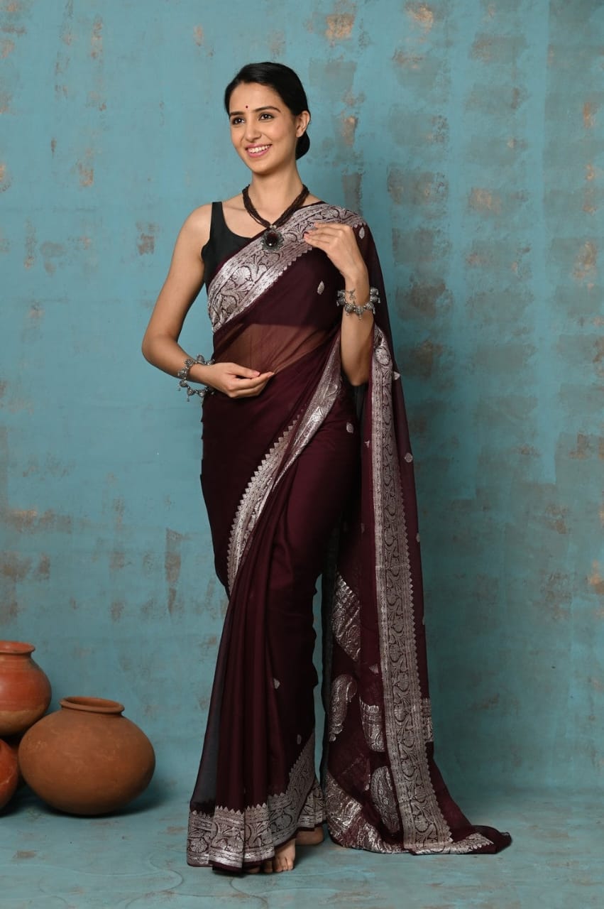 Sanskriti Handloom Pure Banarasi Khaddi Pink Chiffon Silk Saree (Silk Certified)-Chocolate