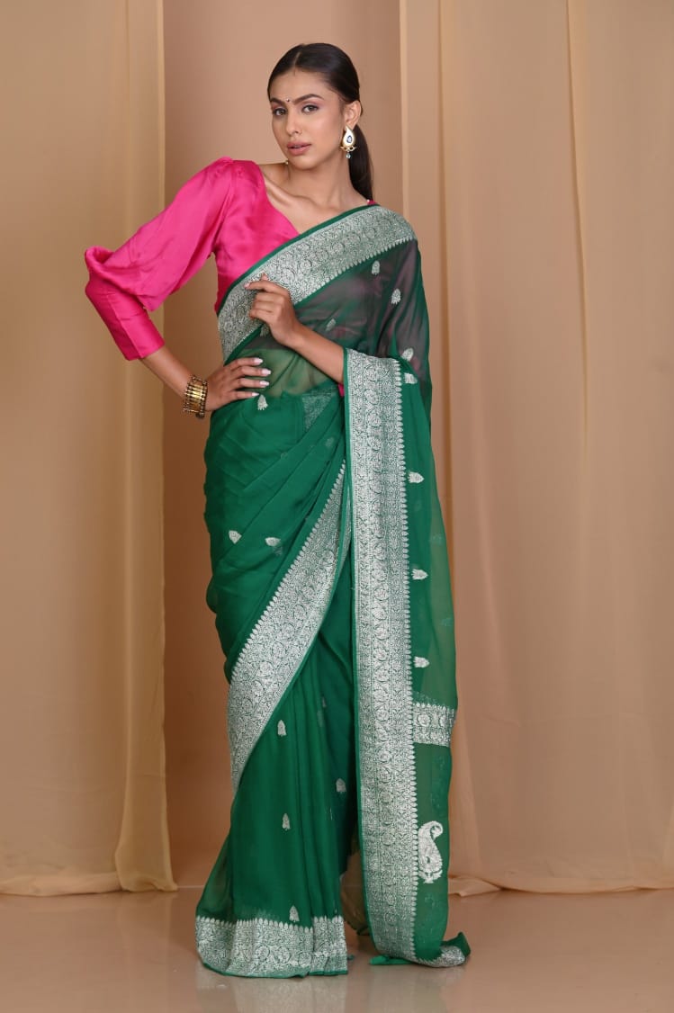 Sanskriti Handloom Pure Banarasi Khaddi Pink Chiffon Silk Green Saree (Silk Certified)