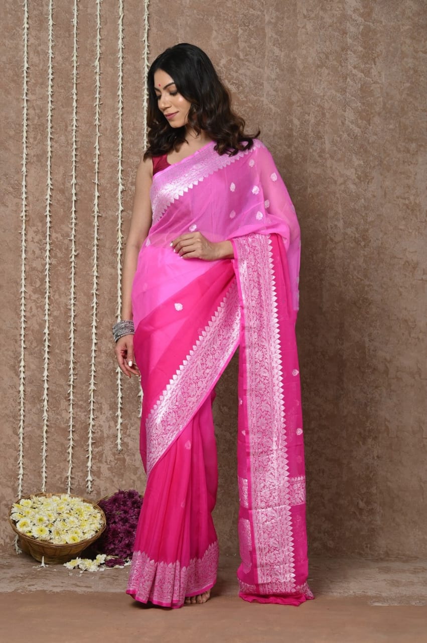 Sanskriti Handloom Pure Banarasi Khaddi Pink Chiffon Silk Pink Saree (Silk Certified)