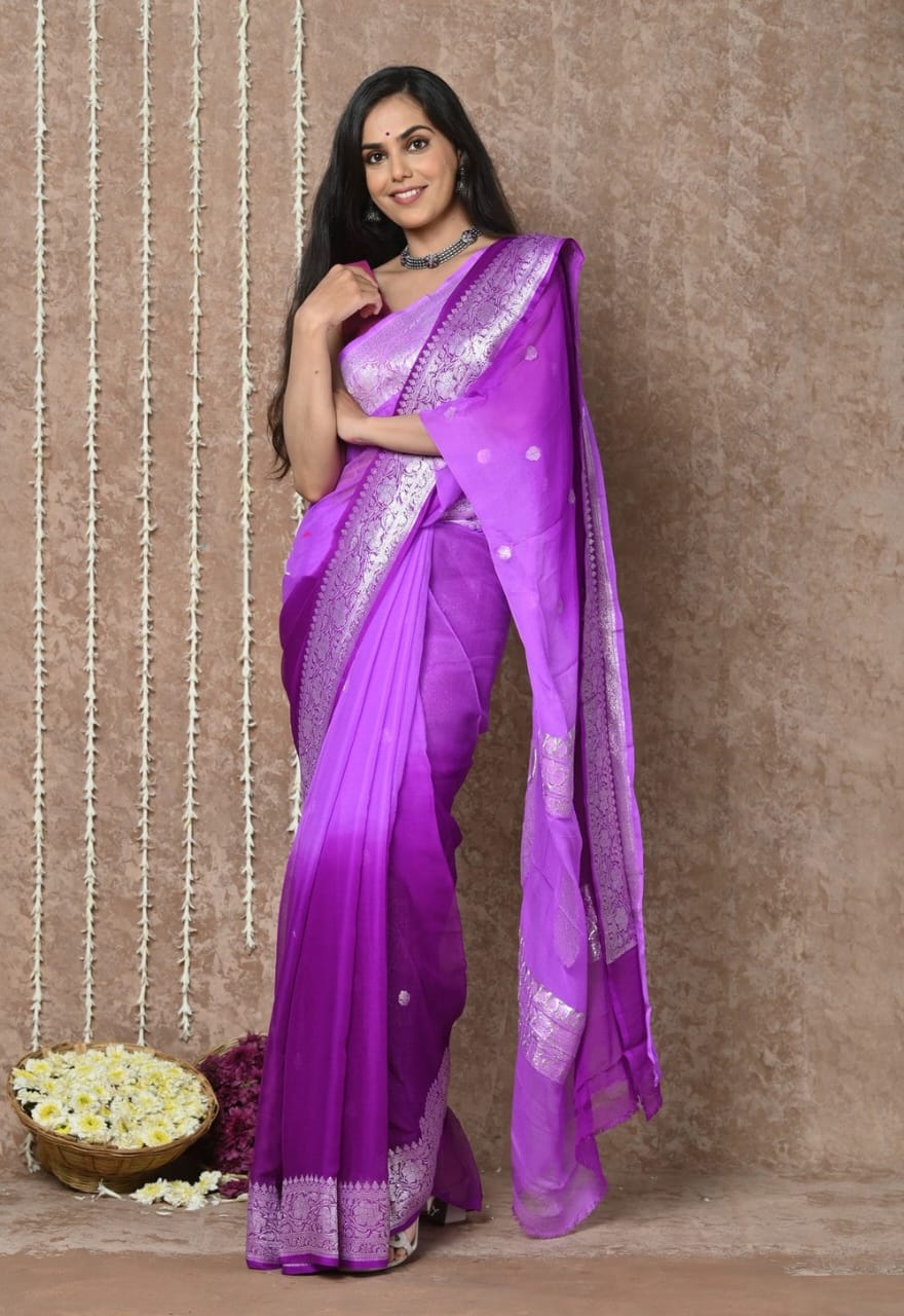 Sanskriti Handloom Pure Banarasi Khaddi Pink Chiffon Silk Lavendar Saree (Silk Certified)