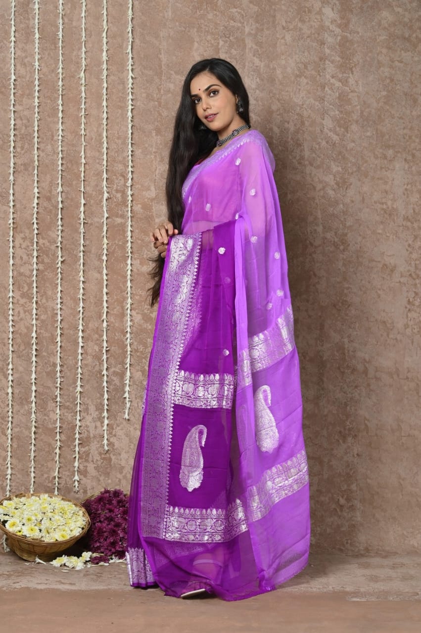 Sanskriti Handloom Pure Banarasi Khaddi Pink Chiffon Silk Lavendar Saree (Silk Certified)