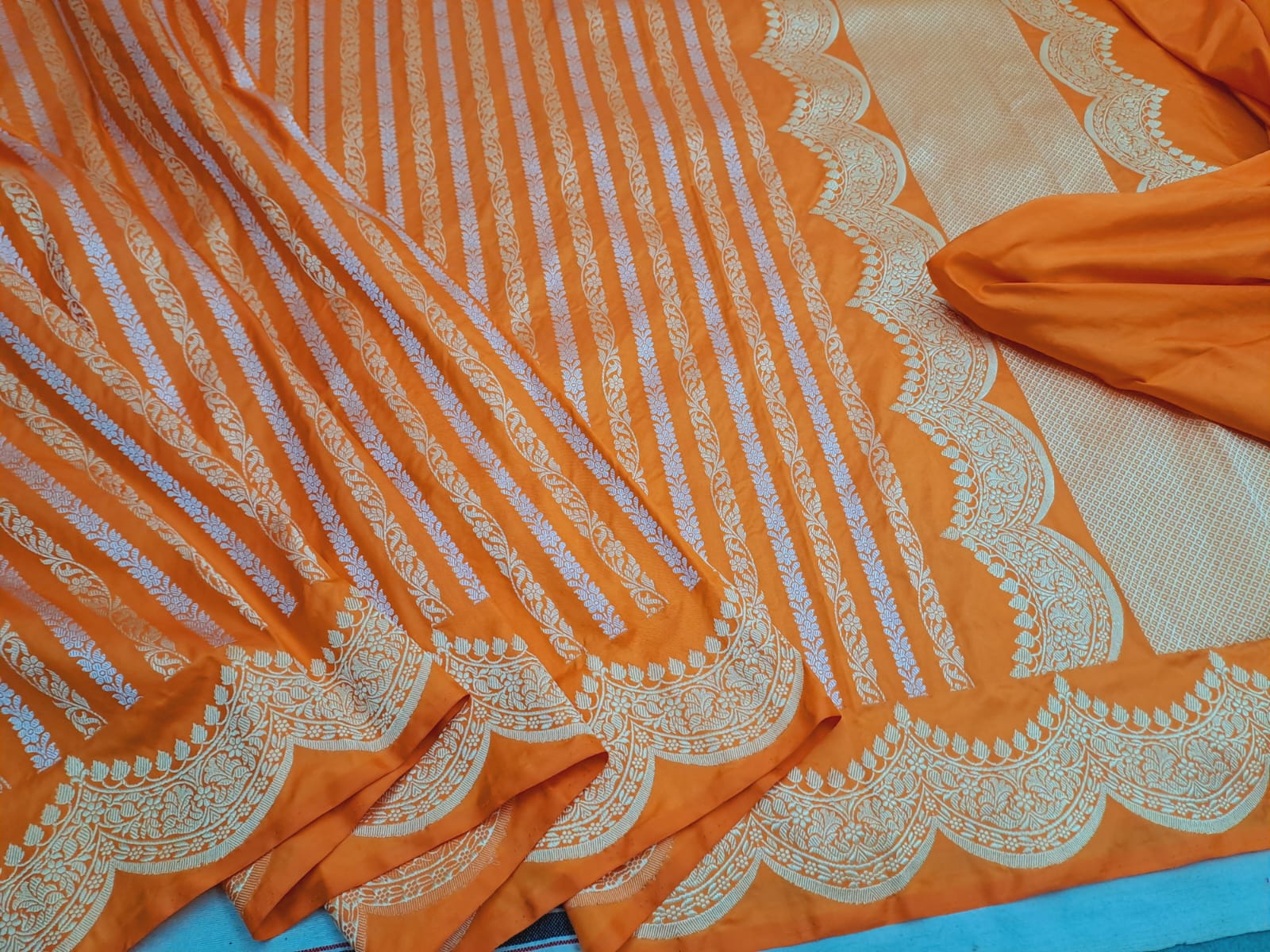 Sanskriti Handloom Pure Banarasi Katan Silk Sare-Orange