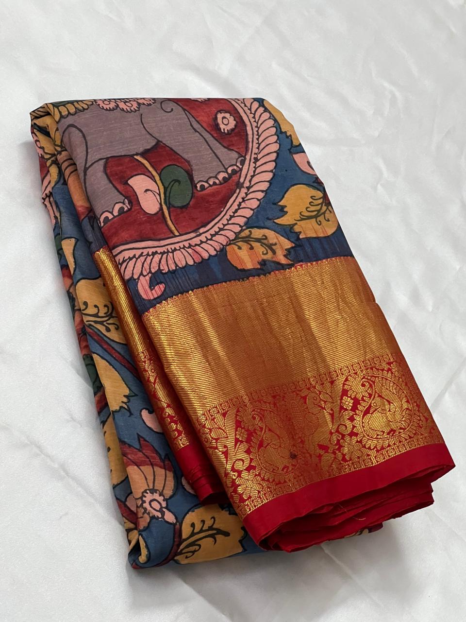 Sanskriti Pen kalamkari handpainted pure kanchipuram silk Saree