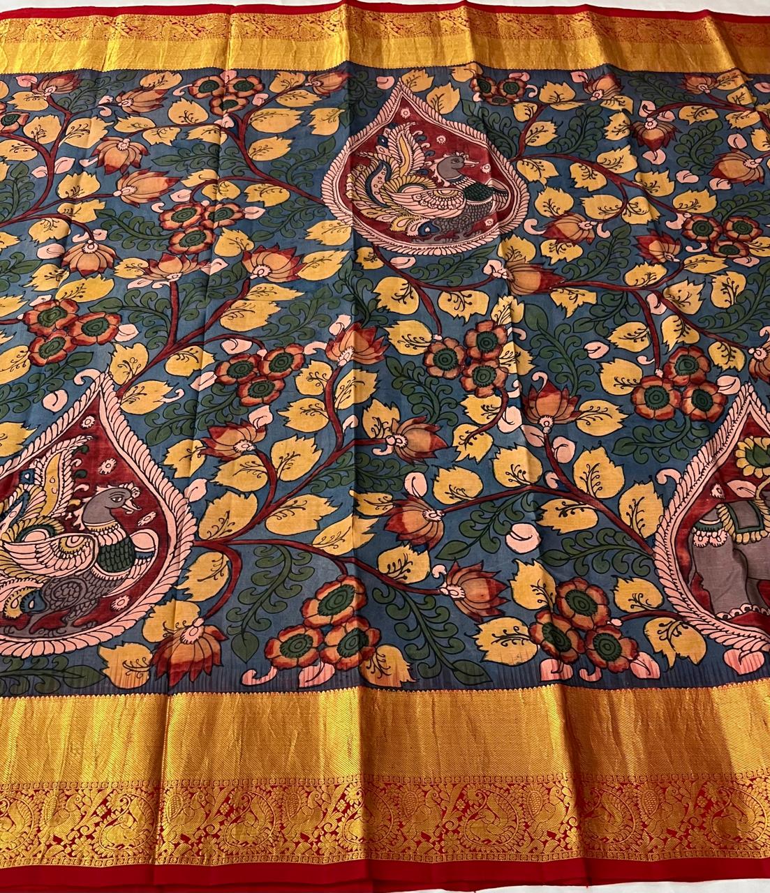 Sanskriti Pen kalamkari handpainted pure kanchipuram silk Saree